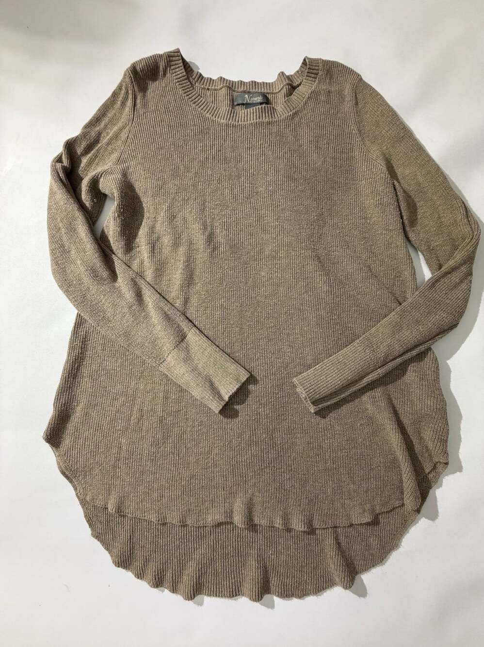 Natural Reflections L Tan Beige Ribbed Knit Sweater Lettuce Hem High Low